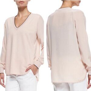 Vince Mixed Media (silk) V Neck High Low Top Blush Pink Black Size XL